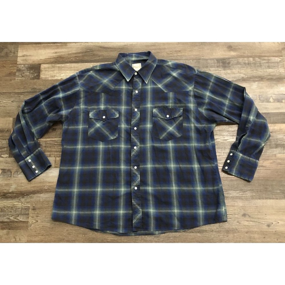 Vtg Western Plains Trading Co Mens 2XL Blue Plaid Pearl Snap Shirt